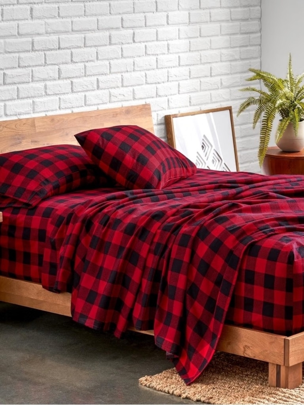 Bare Buffalo Plaid Flannel Sheet Set in Red and Black - Home Bedding